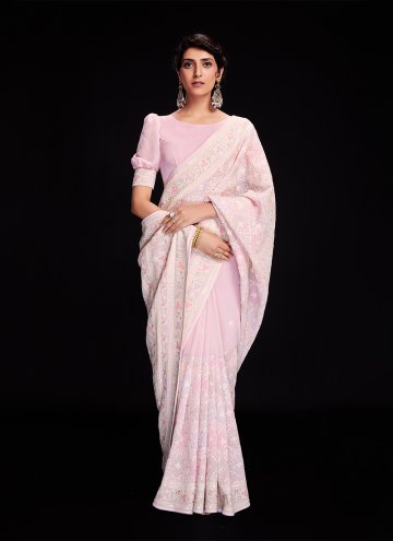 Georgette Trendy Saree in Rose Pink Enhanced with Lucknowi Work