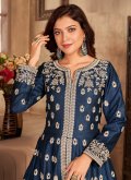 Glorious Blue Art Silk Embroidered Designer Anarkali Salwar Kameez for Festival - 2