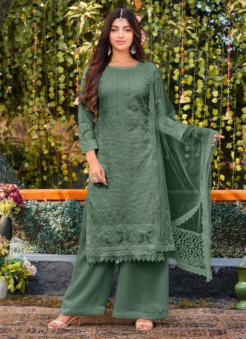 Glorious Green Cotton  Embroidered Palazzo Suit