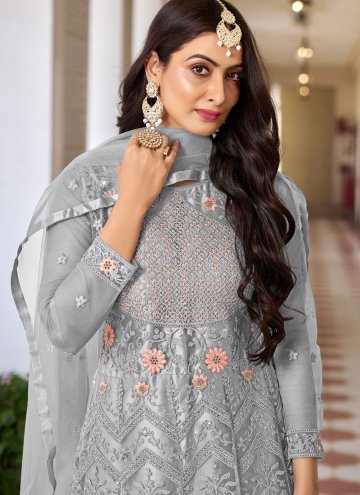 Glorious Grey Net Embroidered Floor Length Suit