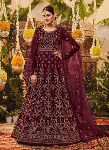 Glorious Maroon Net Embroidered Floor Length Suit for Ceremonial