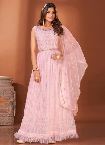 Glorious Mirror Work Crush Pink Floor Length Gown