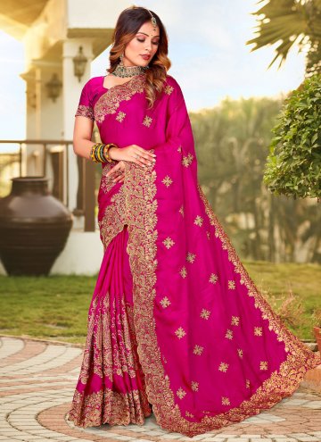 Glorious Pink Satin Embroidered Designer Saree for Engagement
