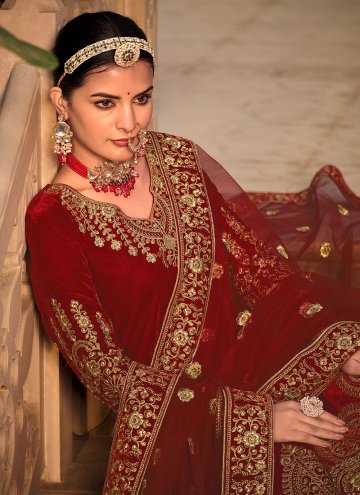 Glorious Red Velvet Embroidered Anarkali Salwar Kameez