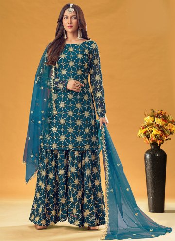 Glorious Teal Faux Georgette Embroidered Readymade Designer Salwar Suit