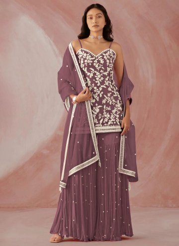 Gratifying Embroidered Faux Georgette Lavender Trendy Salwar Suit