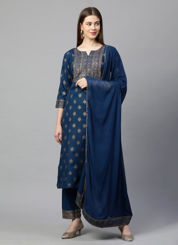 Gratifying Navy Blue Rayon Printed Salwar Suit