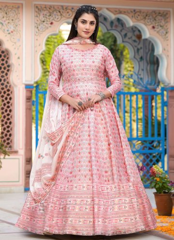 Gratifying Off White and Pink Silk Digital Print Designer Gown for Ceremonial