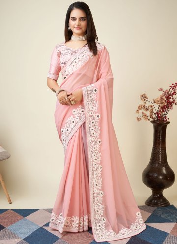 Gratifying Peach Georgette Embroidered Contemporary Saree