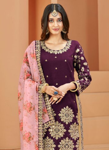 Gratifying Purple Art Silk Embroidered Trendy Salwar Suit