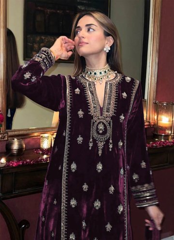 Gratifying Purple Velvet Embroidered Trendy Salwar Kameez for Ceremonial