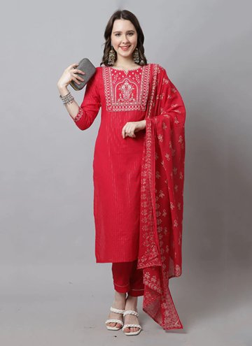 Gratifying Red Cotton  Embroidered Pant Style Suit