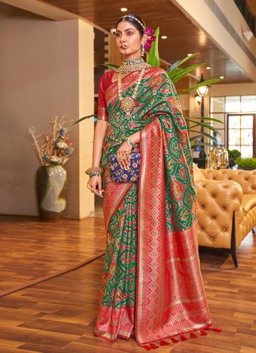 Green and Red Designer Traditional Saree in Patola Silk with Woven