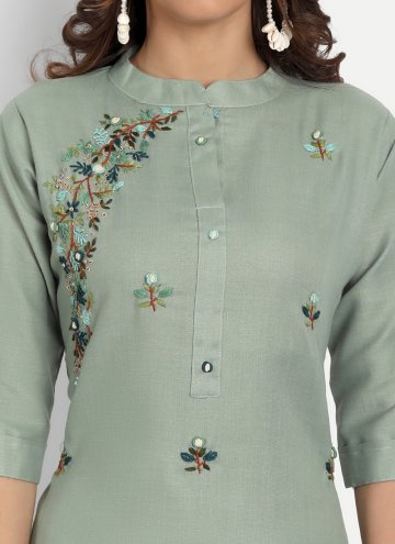 Green Blended Cotton Embroidered Casual Kurti