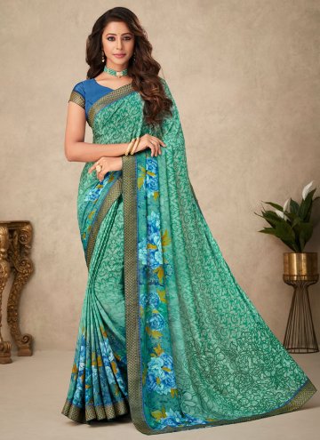 Green Classic Designer Saree in Crepe Silk with Floral Print