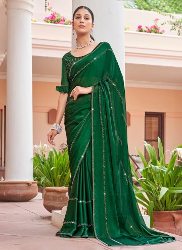 Green color Chiffon Satin Trendy Saree with Swarov