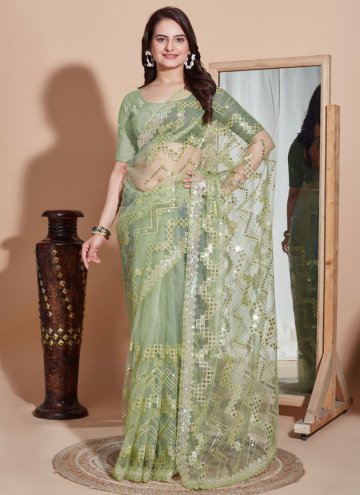 Green color Net Classic Designer Saree with Embroidered