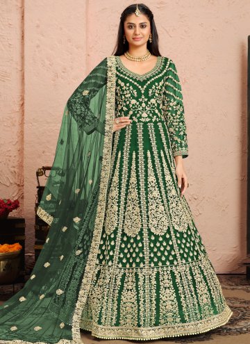 Green color Net Designer Anarkali Salwar Kameez with Embroidered