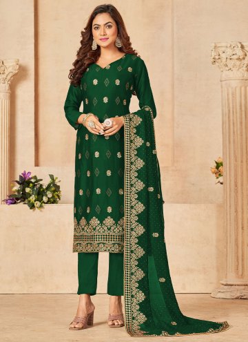 Green color Velvet Straight Salwar Suit with Diamo