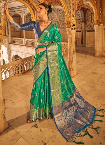 Green Designer Saree in Tussar Silk with Woven