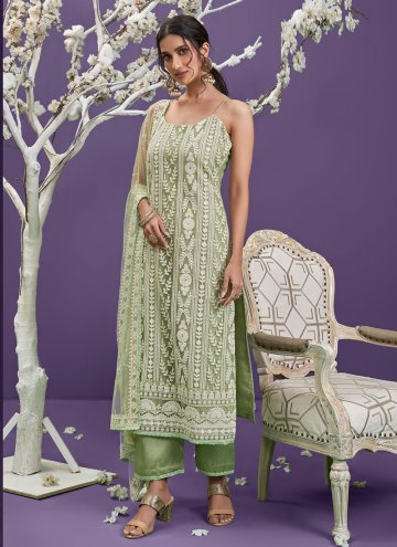 Green Designer Straight Salwar Suit in Net with Embroidered