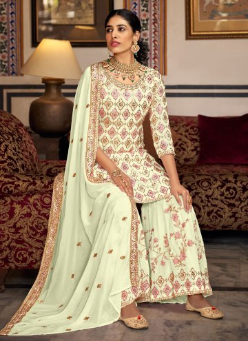 Green Faux Georgette Embroidered Palazzo Suit for Ceremonial