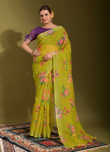 Green Linen Printed Classic Designer Saree for Fes