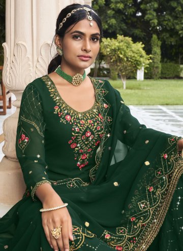 Green Straight Salwar Kameez in Faux Georgette with Embroidered