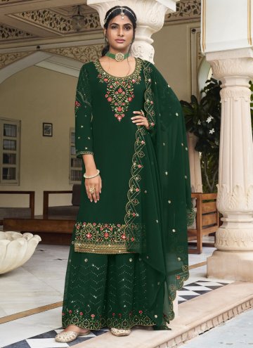 Green Straight Salwar Kameez in Faux Georgette with Embroidered