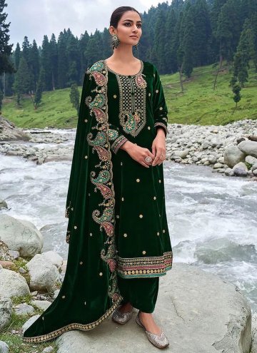 Green Velvet Embroidered Palazzo Suit for Ceremonial