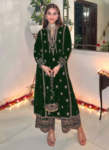 Green Velvet Embroidered Salwar Suit for Ceremonia