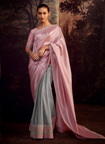 Grey and Pink Contemporary Saree in Fancy Fabric w