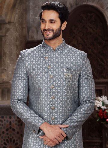 Grey Banarasi Jacquard Embroidered Indo Western