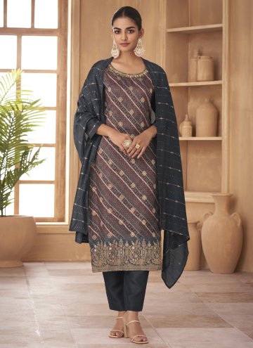 Grey Jacquard Silk Printed Salwar Suit