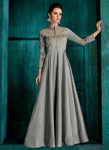 Grey Silk Embroidered Readymade Designer Gown