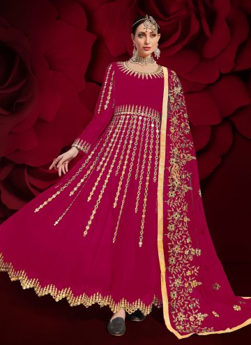 Hot Pink color Faux Georgette Designer Anarkali Salwar Kameez with Embroidered
