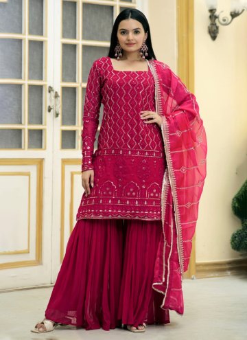 Hot Pink Faux Georgette Embroidered Designer Salwar Kameez for Ceremonial