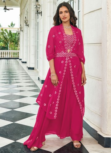 Hot Pink Faux Georgette Embroidered Jacket Style Suit