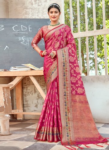 Hot Pink Organza Embroidered Traditional Saree for