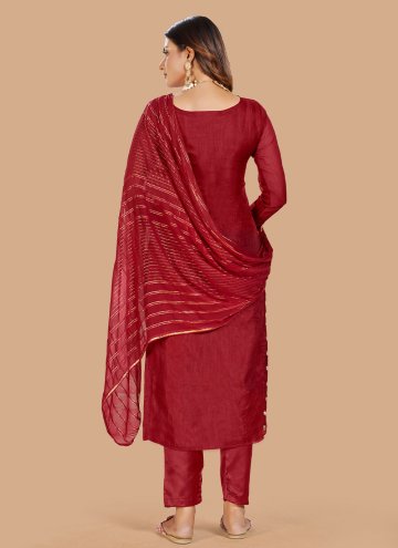 Jacquard Salwar Suit in Maroon Enhanced with Lace