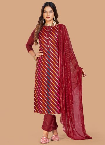 Jacquard Salwar Suit in Maroon Enhanced with Lace