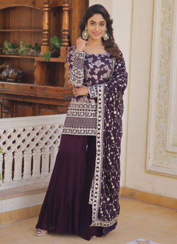 Jacquard Salwar Suit in Purple Enhanced with Embro