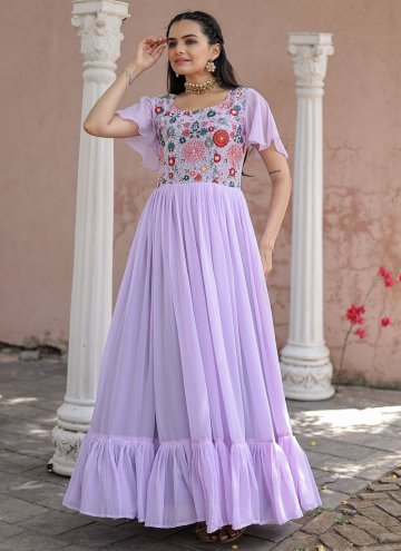Lavender Faux Georgette Embroidered Gown for Festi