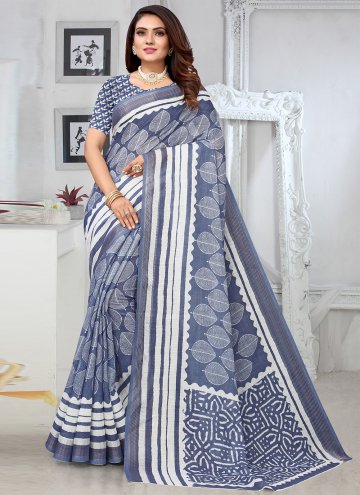 Linen Printed Sarees in Blue Enhanced with Border