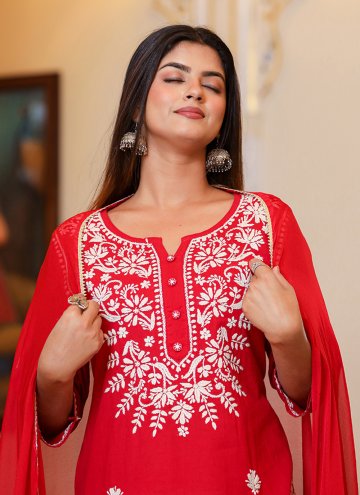 Lucknowi Work Cotton  Red Readymade Anarkali Salwar Suit