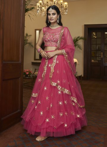 Magenta Designer A Line Lehenga Choli in Net with Embroidered