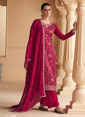 Magenta Palazzo Suit in Satin Silk with Embroidere