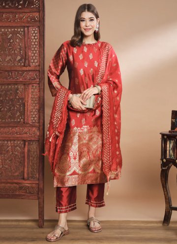 Maroon color Cotton Silk Pant Style Suit with Jacquard Work