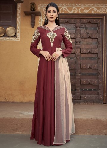 Maroon color Embroidered Muslin Designer Gown