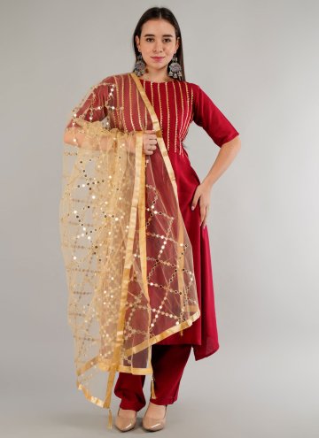 Maroon color Lace Rayon Salwar Suit